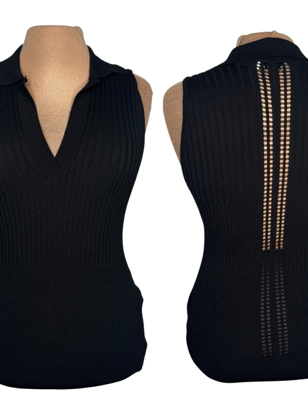 SFIZIO Made In Italy Black Ribbed V‑Neck Sleeveless collared Top Medium.